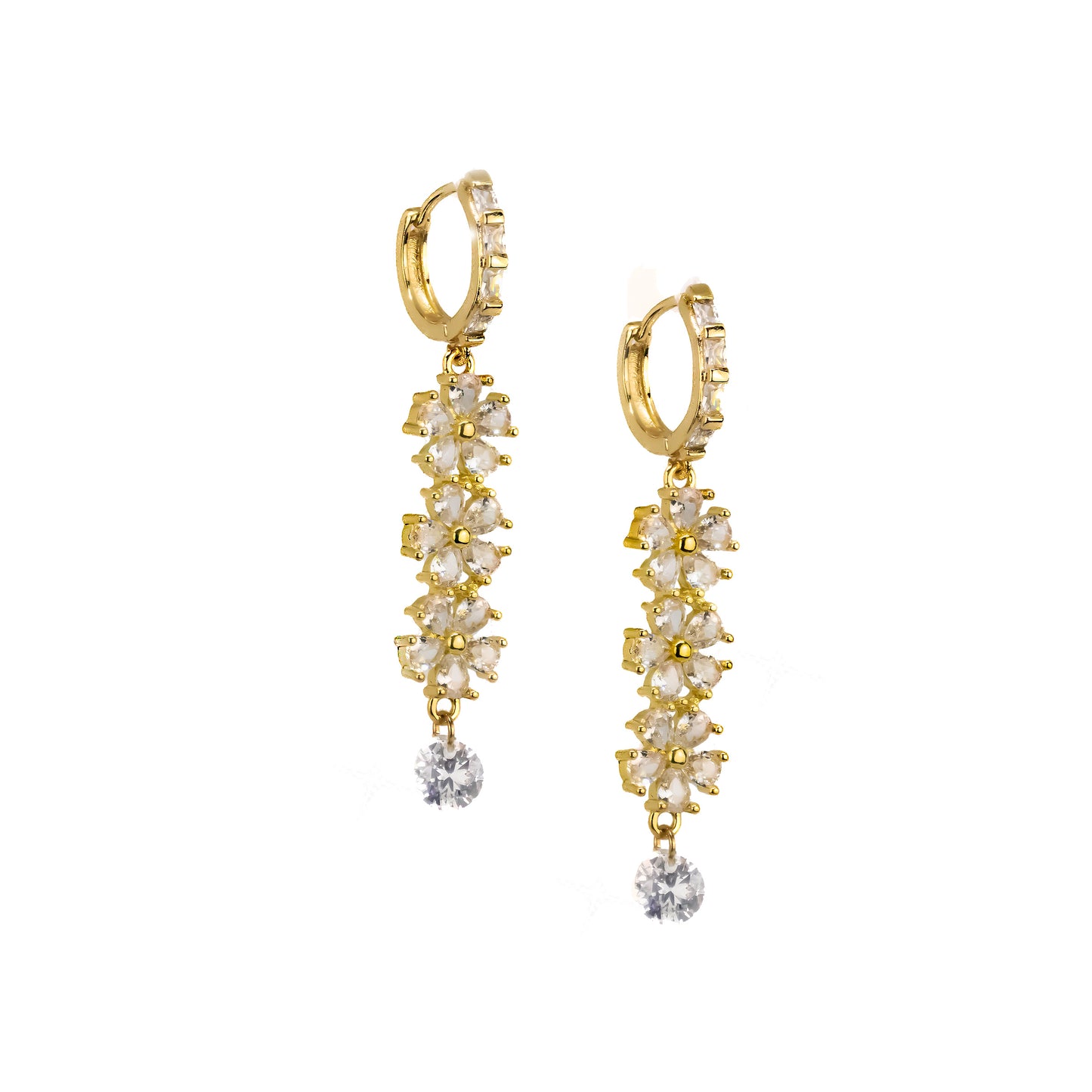 Set Drop Oorringen met Driedubbele Zirconia bloemen